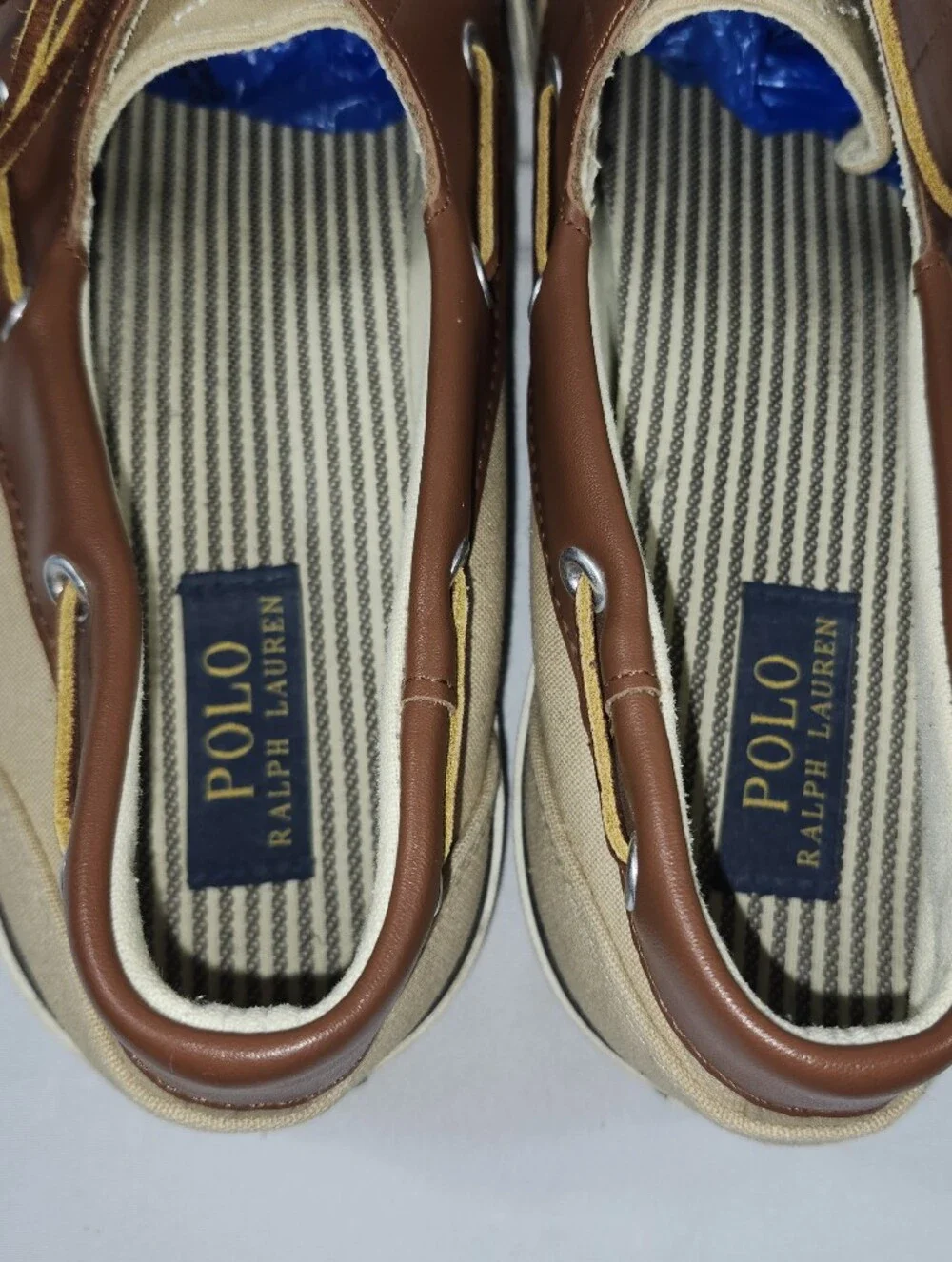 Polo Ralph Lauren Mens 14 D Tan Canvas Boat Shoes with Brown Leather Trim